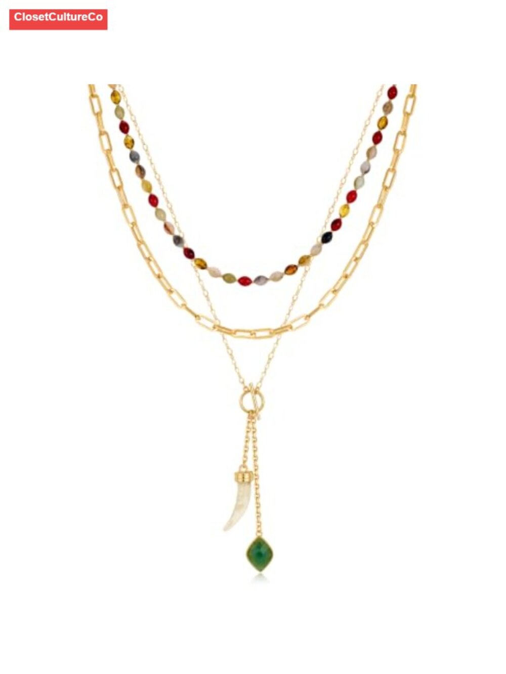 Layered Gold Pendant Necklace Colorful Beaded Boho Statement Chain